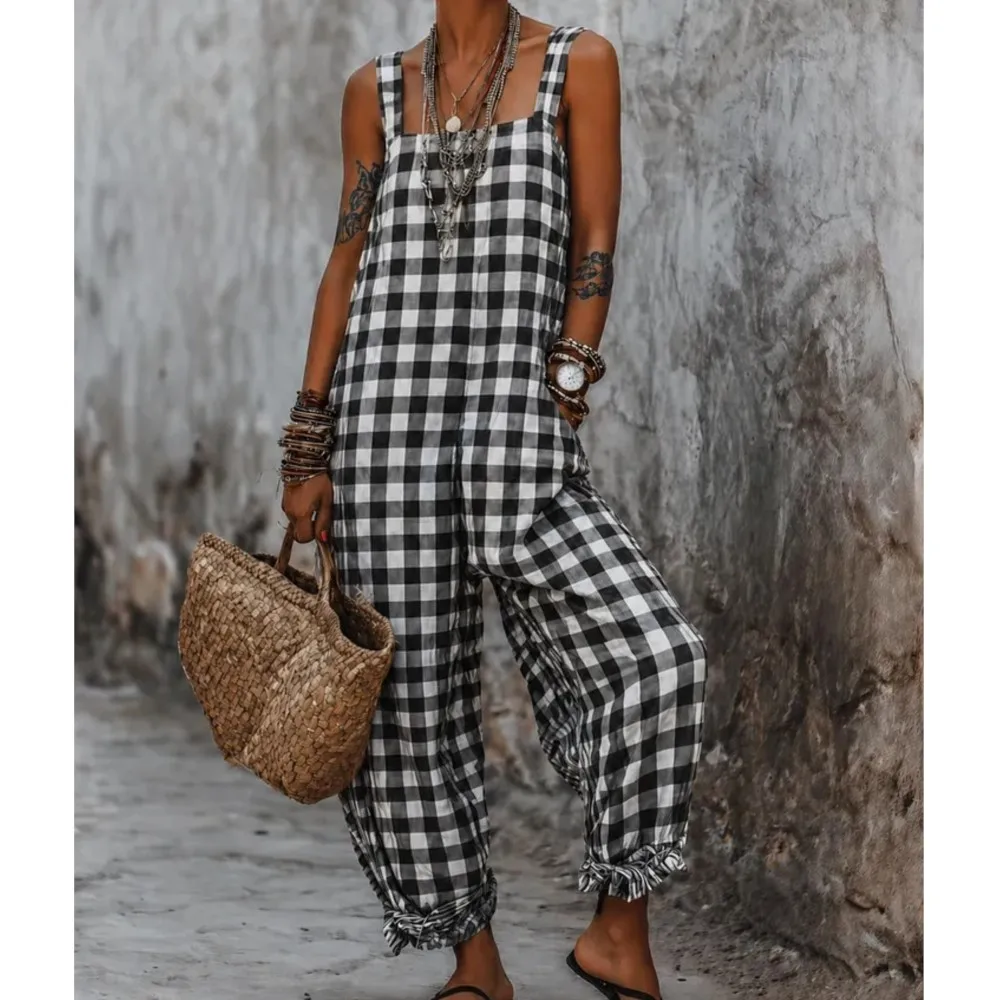 Fashion Summer Plaid Jumpsuit Women Sleeveless Square Neck Loose Trousers Casual Holiday Beach Boho Style Romper With Ruffle Hem view 4