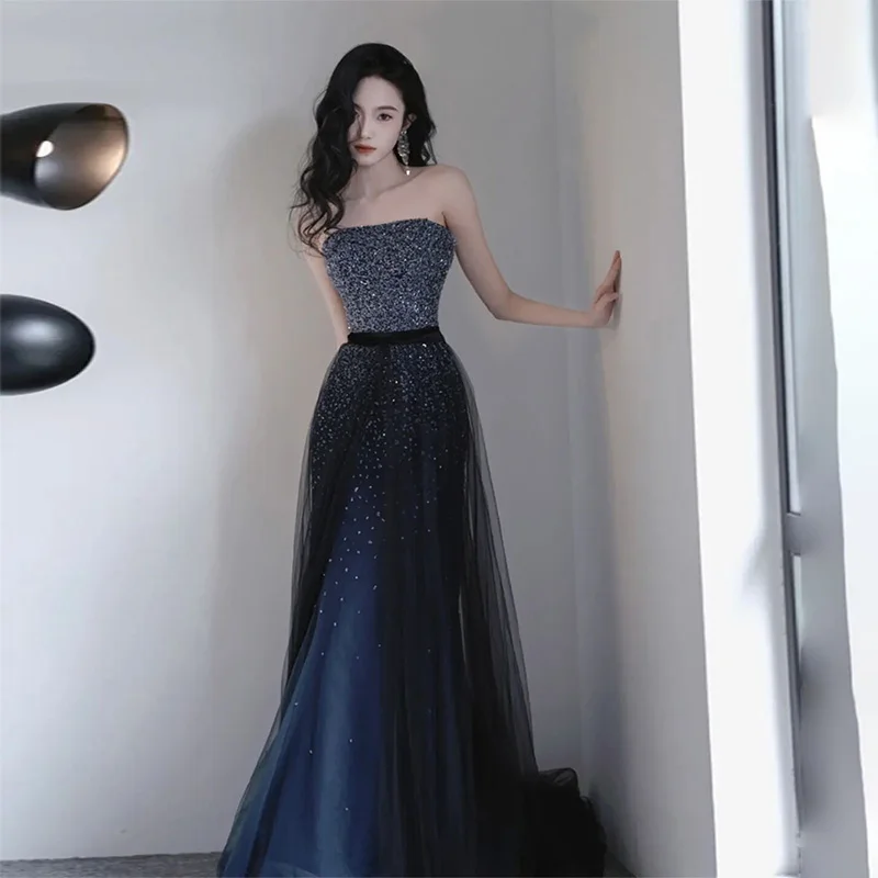 

Elegant Women's Sequin Celebrity Dresses Strapless Sleeveless Blue High Waist Slim Fit Evening Prom Gown Wedding Party Vestidos