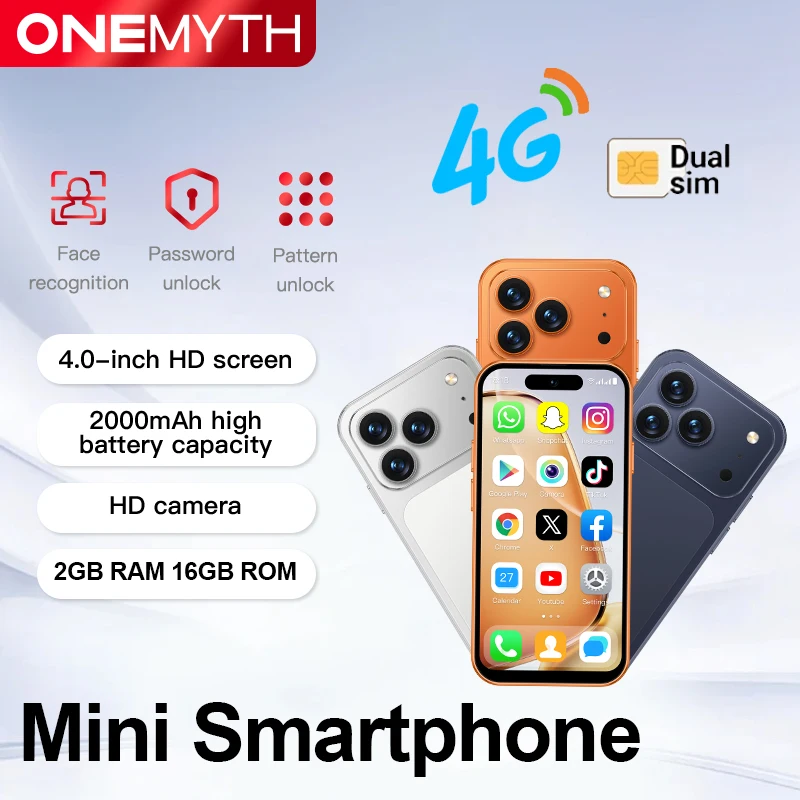 

ONEMYTH A18 Pro MINI 4G — компактный смартфон с системой Android, Play Store, WhatsApp, GPS, Wi-Fi и поддержкой двух SIM-карт.