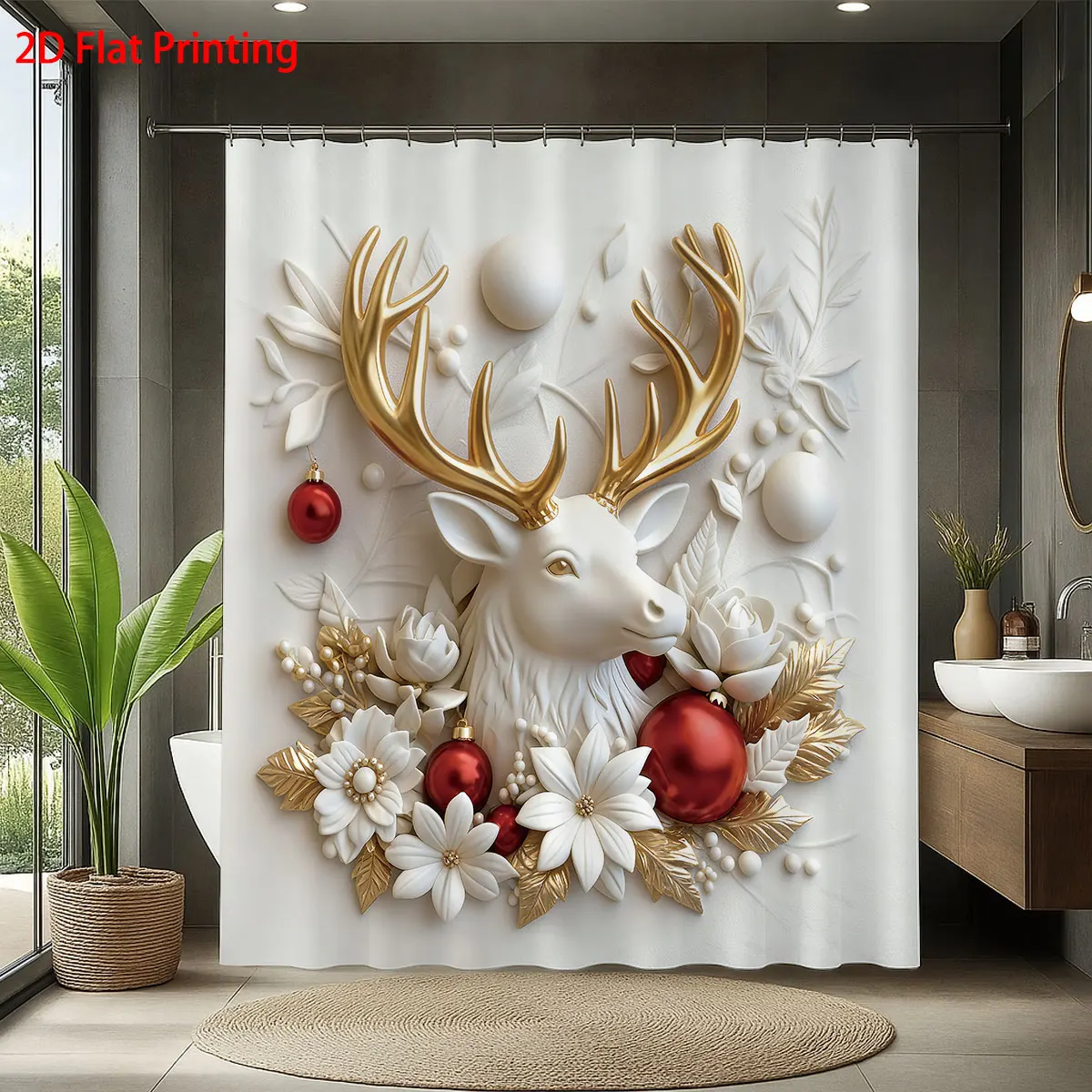 

1pc imitation relief Christmas reindeer print waterproof shower hanging curtain with multiple sizes 12 hook easy installation