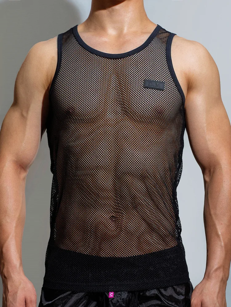 Mannen Tank Top Mouwloze Slanke Mode Onderkant Erotische Effen Kleur Mesh Sexy Ademende Sport Hemdje