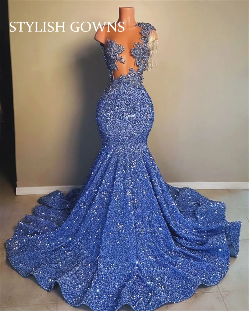 Sky Blue Long Prom Dress For Black Girls Beaded Appliques 2024 Birthday Party Gowns Sequined Evening Dresses Customized