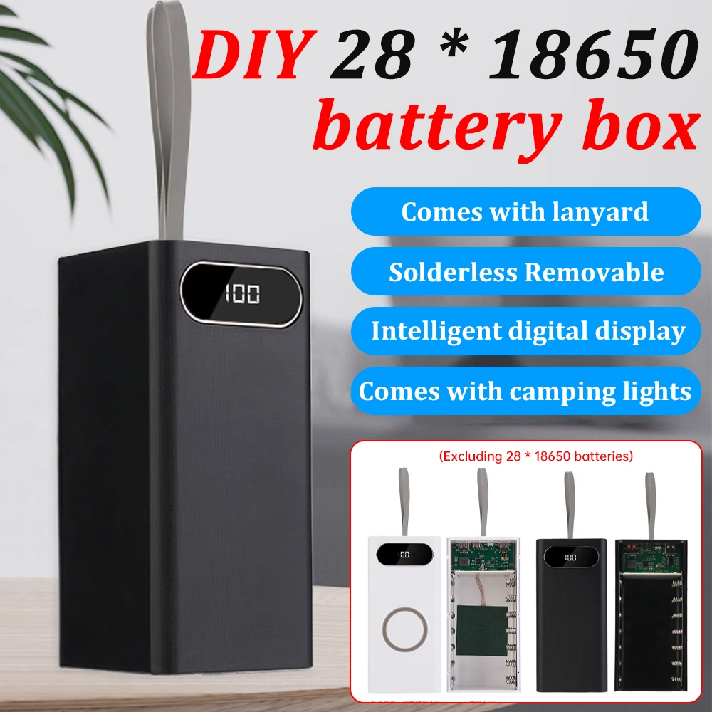 10W DIY Power Bank Case 28 Slot 18650 Batteries Powerbank Holder Mobile Power Supply Housing With Camping Light Charging Station