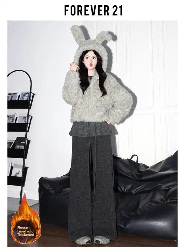 

Серые свободные брюки-юбка оверсайз на флисовой подкладке с высокой талией и широкими штанинами для женщин, повседневные, осенне-зимняя мода