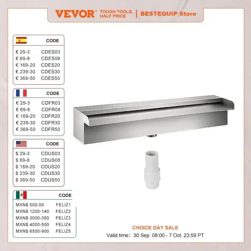 VEVOR Fuente de piscina de acero inoxidable de 17,7 x 4,5 x 3,1 pulgadas, cascada de piscina de acero con conector de tubo, jardín rectangular al aire libre