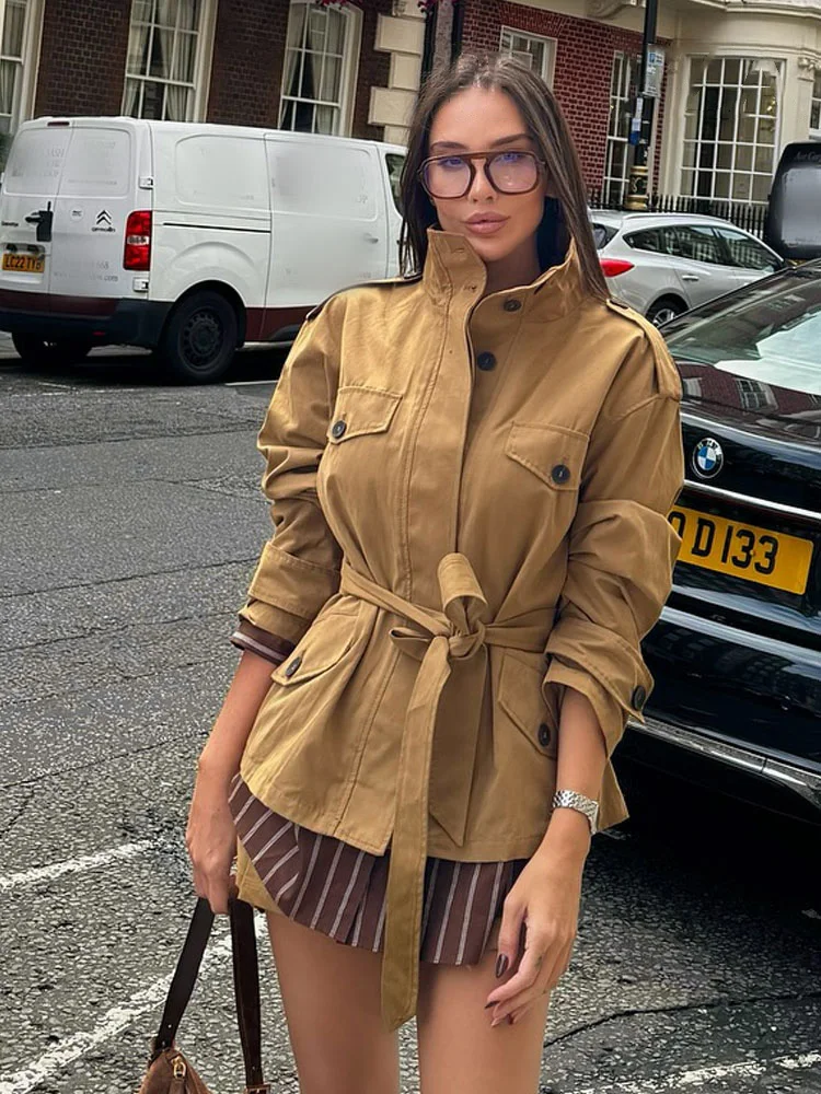 HH Women 2-Piece Set Fashion Single-Breasted Long Sleeves High Collar Pocket Belt Design Jacket+Elastic Waist Short Culottes