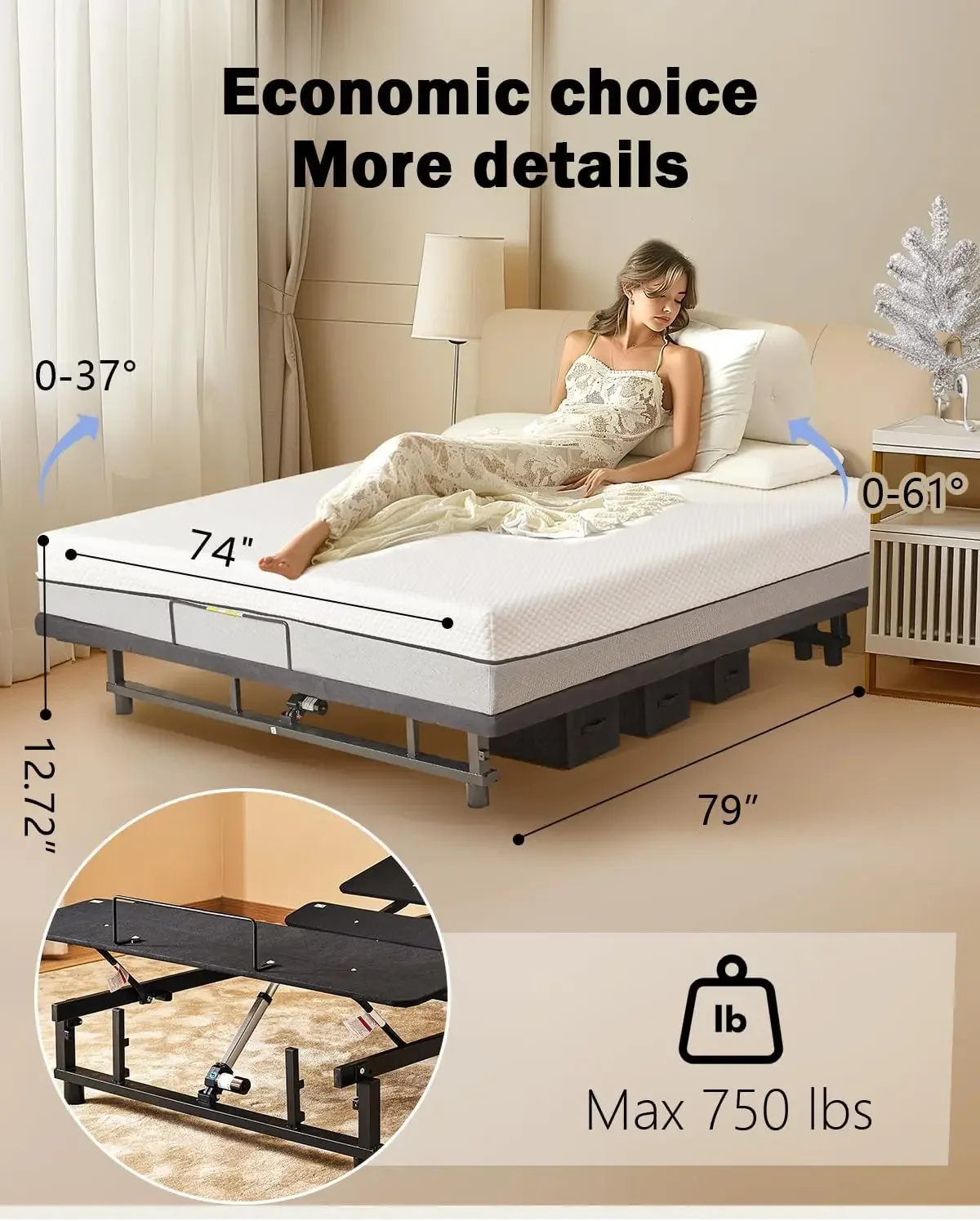 Size Adjustable Bed Frame with Quiet Motor - Head & Foot Incline, Zero Gravity, Wireless Remote Control, Easy Installation (79