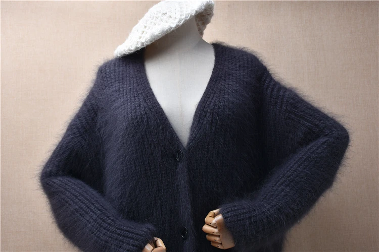 Ladies Women Autumn Winter Clothing Hairy Mink Cashmere Knitted V-Neck Long Sleeves Loose Cardigans Angora Fur Sweater Jacket