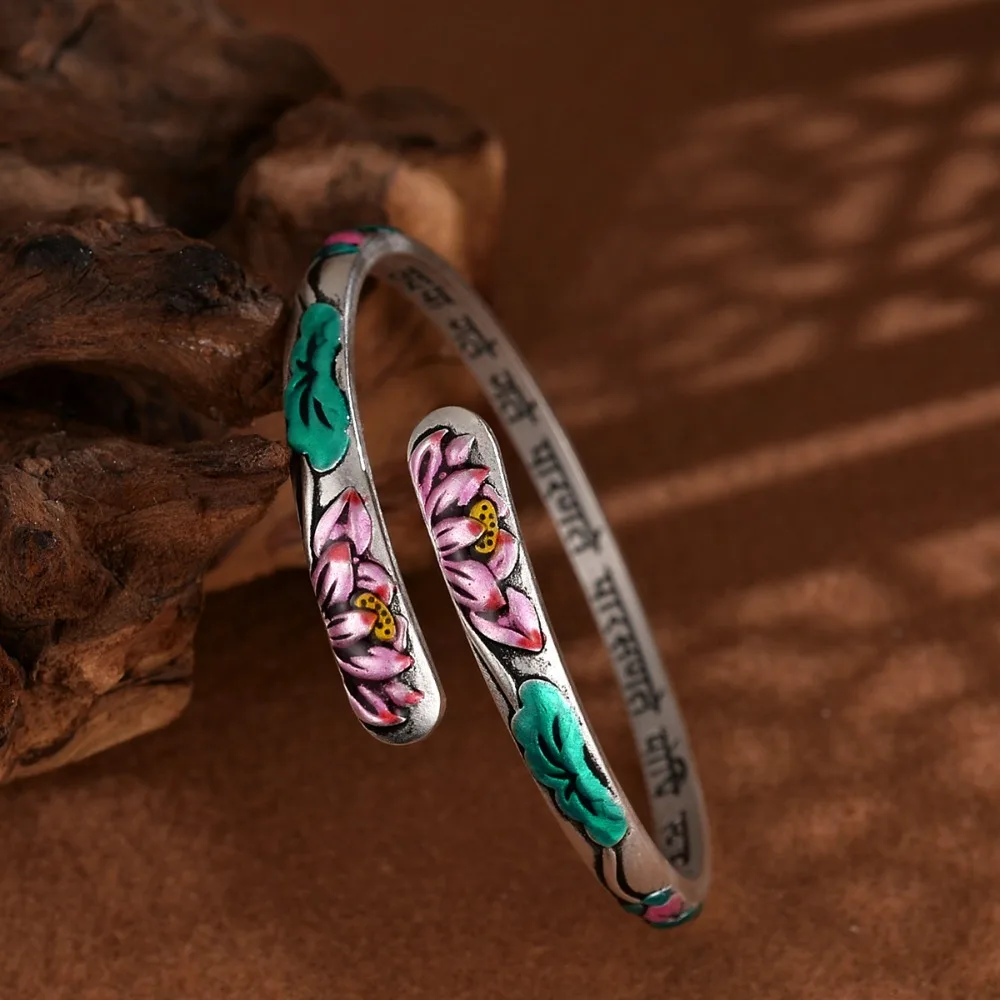 قابل للتعديل لوتس النحاس الإسورة خمر سحر النمط الصيني أساور العرقية نمط اليد مجوهرات مصوغة بطريقة المفتوحة الإسورة الطرف #4