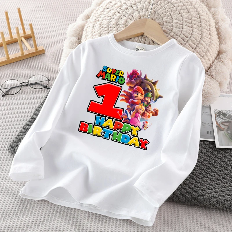 

Super Mario Long Sleeved T-shirt Cartoon Birthday Numbers Print Pullover Boys Girls Winter Casual Warm Top Kawaii Child Clothing