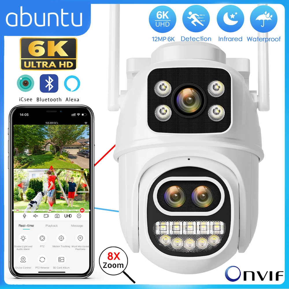 12MP 6K PTZ Wifi Camera Outdoor 8X Digital Zoom Surveillance Camera Dual Screens Human Detection 4K CCTV Security Camera ICSEE