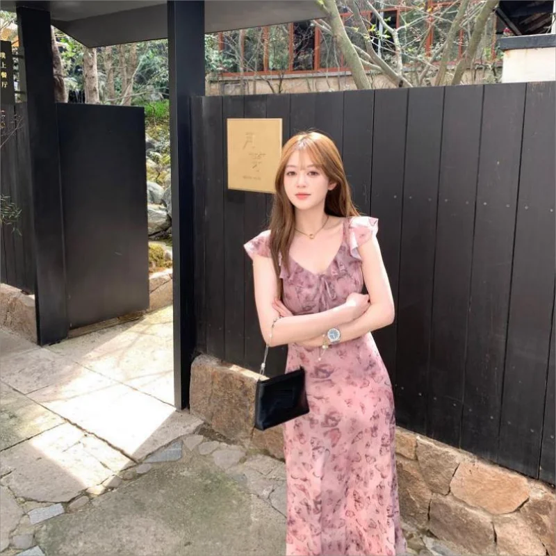 Abito longuette vintage da donna slim con stampa fiocco con volant abito da festa elegante ufficio signora spiaggia Boho estate 2025