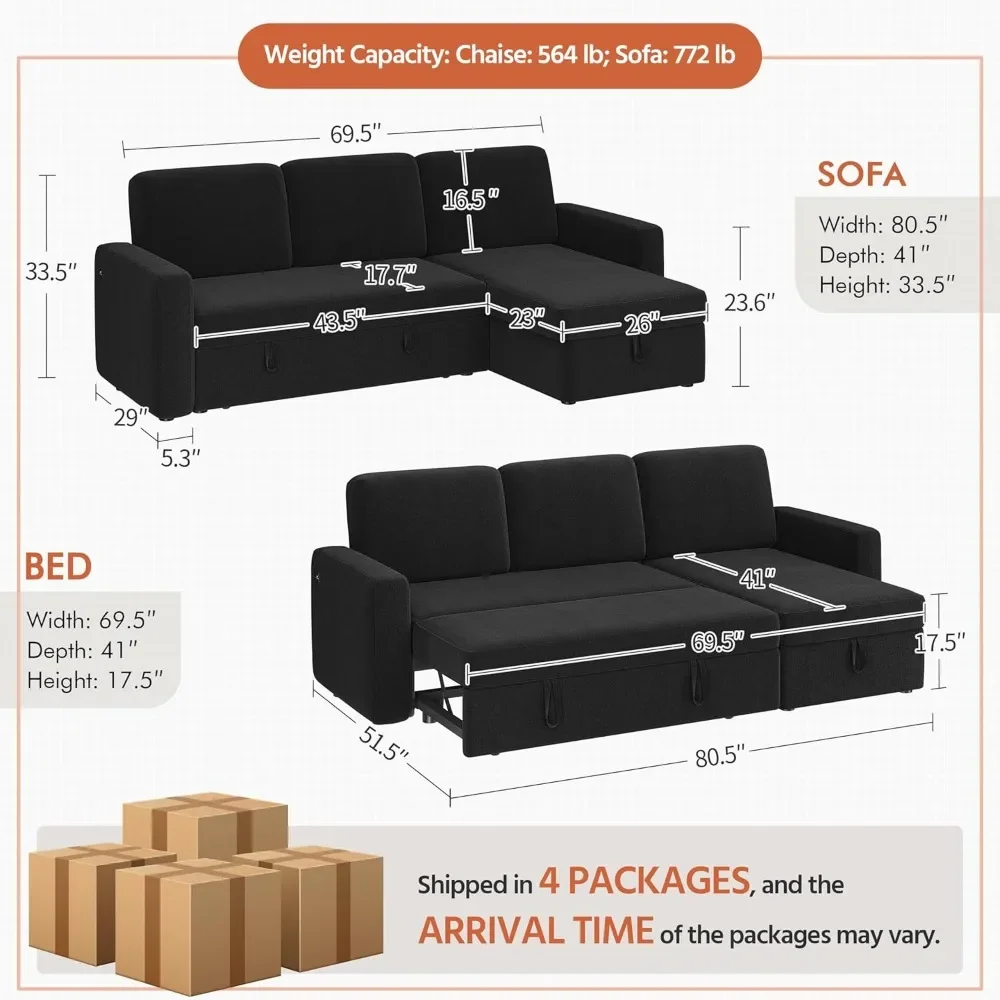 Sofa L-Shaped Sofa Couch Bed w/Chaise & USB, Reversible Couch Sleeper w/Pull Out Bed & Storage Space, 4-seat Fabric Convertible