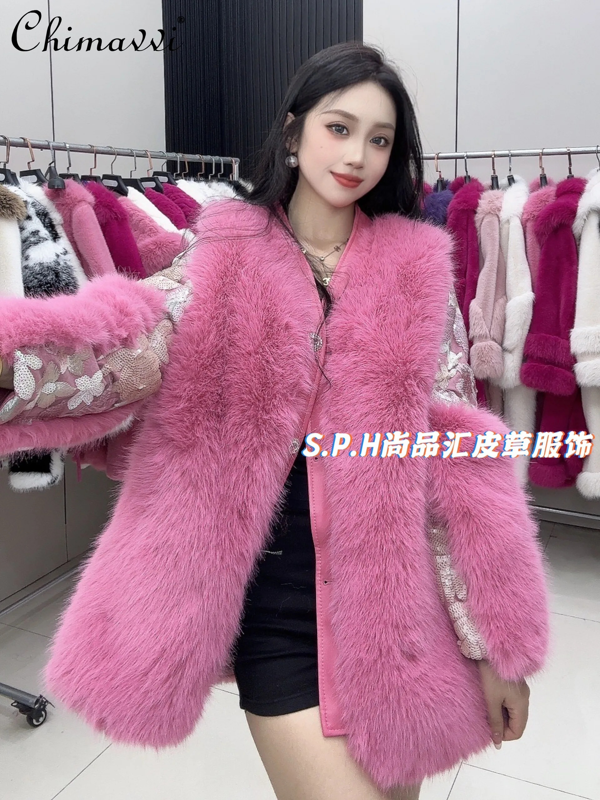 

2024 Winter New High-end Fashion Imitation Fur Jacket Sweet Lady Loose Warm Long-sleeved Sequined Heavy Faux Fur Coat Women