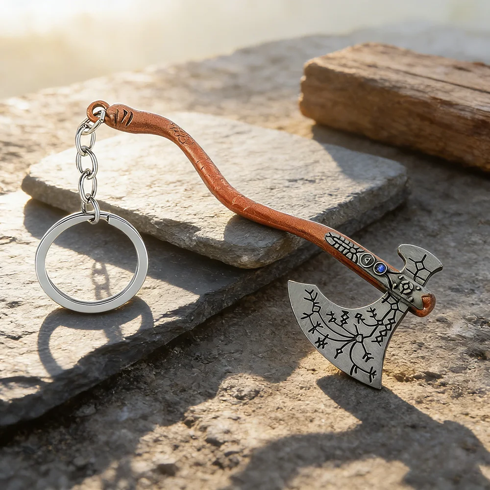 God of War 4 Kratos Punk Fashion Jewelry Axe Keychains Crystal Carved Pattern Axe Pendant Key Holder Souvenir Collectible