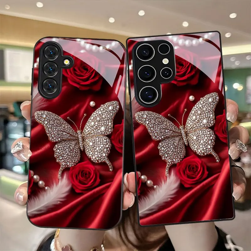 Pearl rose and feather patterned glass phone case suitable for Samsung Galaxy S26 S25 S24 S22 S21 S20 FE/Ultra/Plus anti drop