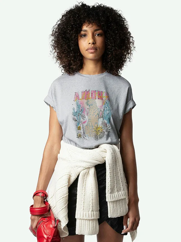 

Новая весенняя женская футболка больших размеров с буквенным принтом Street Sle Cotton ort Sve round Ne Повседневный топ на лето