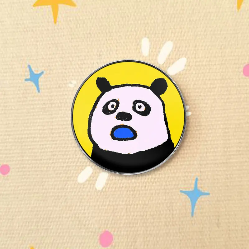 Surprised Panda UV Printing Pin Cartoon Graffiti Animal Brooch Yellow Background Lapel Badge For Young People