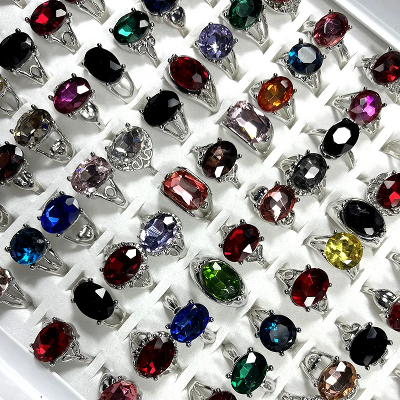 200Pcs Fashion Mixed Color Multicolor Crystal Zircon Silver Plated Ring For Women Jewelry Bulks Rings Lots LR4212