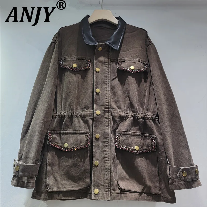 ANJY 2026 Spring Autumn New Women American Trend Diamond Patchwork Safari Style Denim Jacket Loose Casual Drawstring Coat A18480