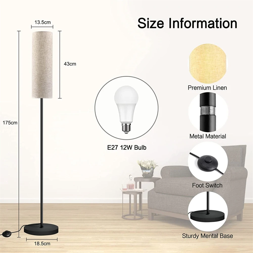 LED Floor Lamp With Foot Switch 3 Color Dimmable 9W E27 Light Bulb Linen Lampshade For Decoration Bedroom Living Room Office