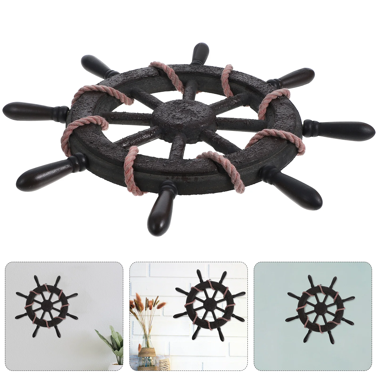 

Wooden Ship Wheel Wall Hanging Vintage Mediterranean Nautical Decor Rustic Boat Steering Wheel Ornament for Home Wall Art