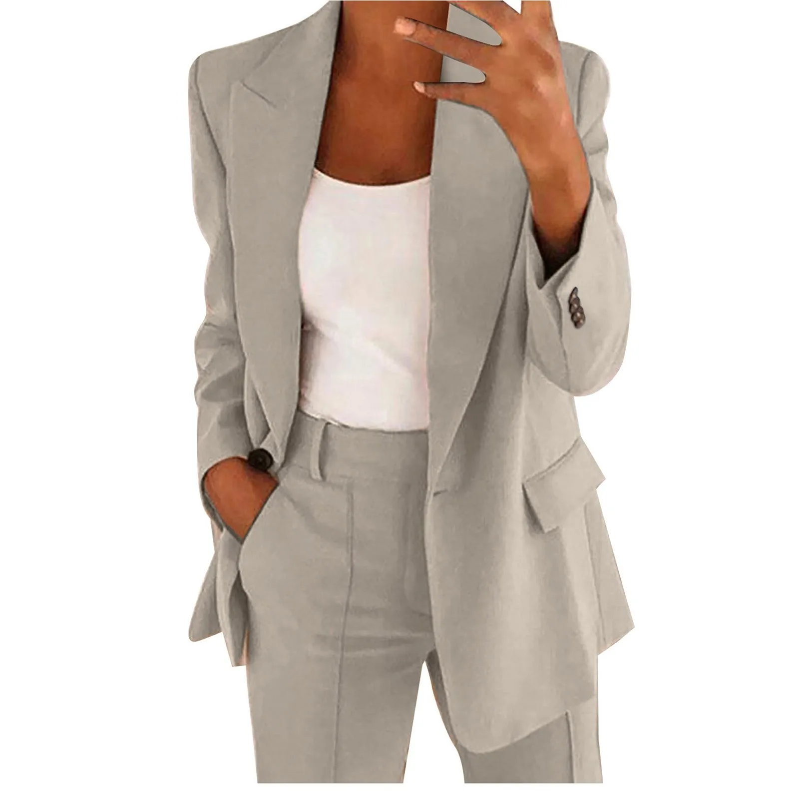 Two Piece Women's Lapels Suit Set Office Business Long Sleeve Button Formal Jacket + Pant Suit Slim LooseTrouser Jacket Suit