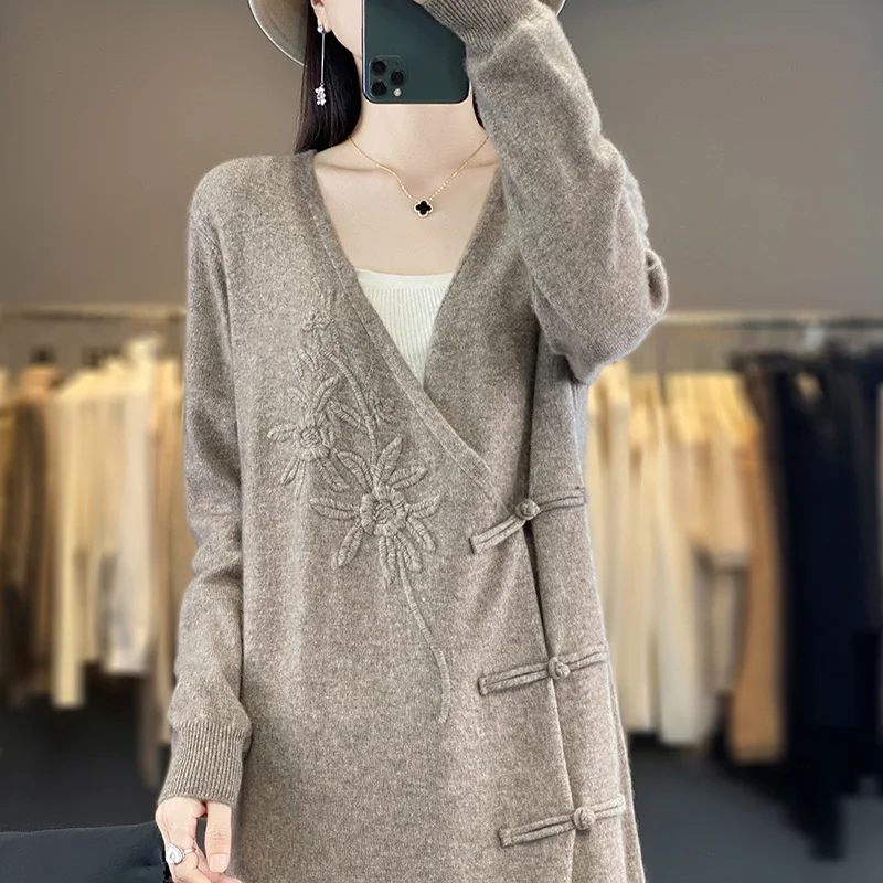 Chinese Style Dresses 100% Cashmere and Wool Knit V-neck Jumpers 2023 New Fashion Winter Lady  Pullovers NJ01