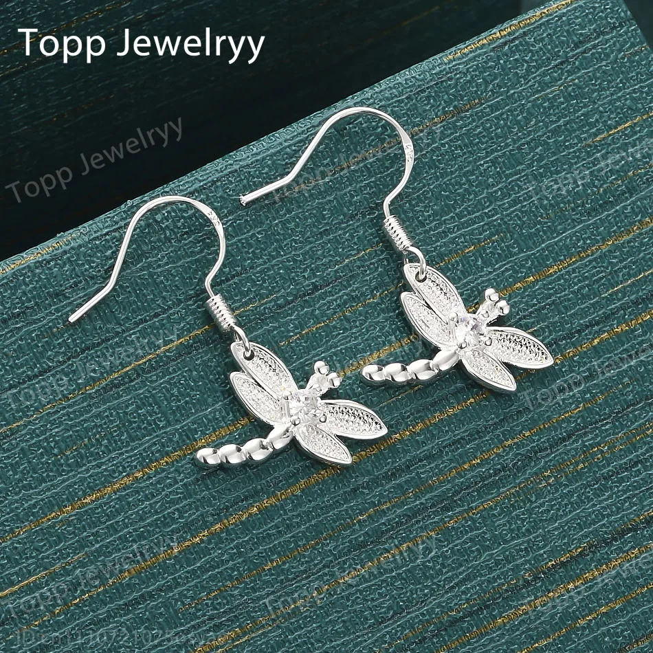 

925 Sterling Silver Exquisite Dragonfly Zircon Earrings Fashion Ladies Wedding Gift Accessories Jewelry