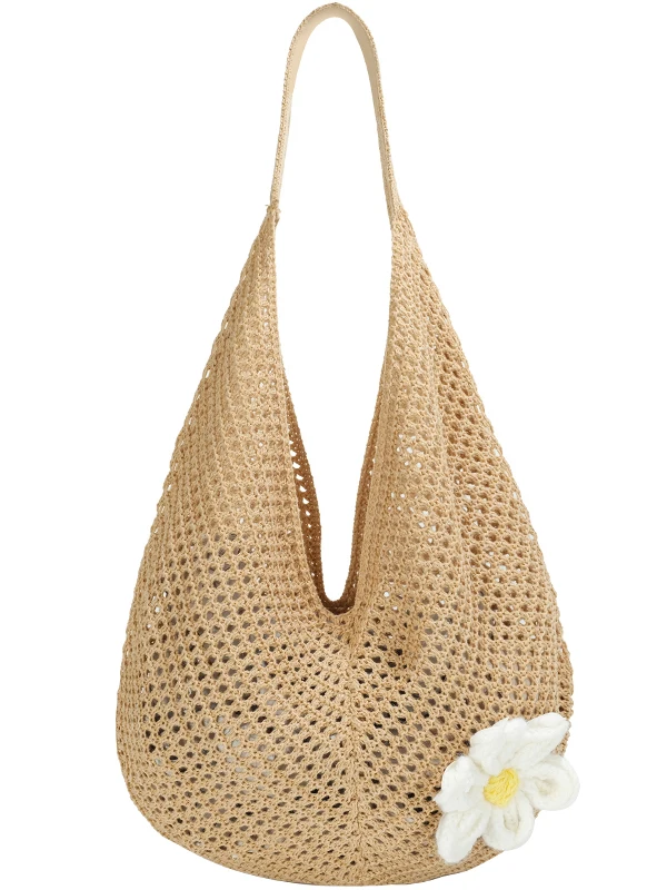 Nowa ażurowa torba plażowa w kwiaty, codzienna torba typu tote o dużej pojemności, torba crossbody, tkana torba młodzieżowa na jedno ramię, torba na co dzień.