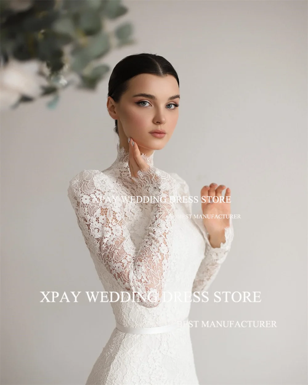 XPAY eleganti abiti da sposa a sirena con collo alto abito da sposa a maniche lunghe in pizzo pieno Sweep Train lunghezza del pavimento abito da sposa Boho