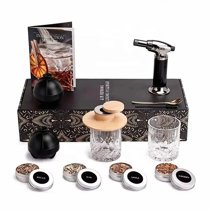 

Bartender Set Whiskey Smoke Glass Cocktail Smoke Gun Luxury Wooden Glass Water Ware Reusable Bar Accessories Gift Box