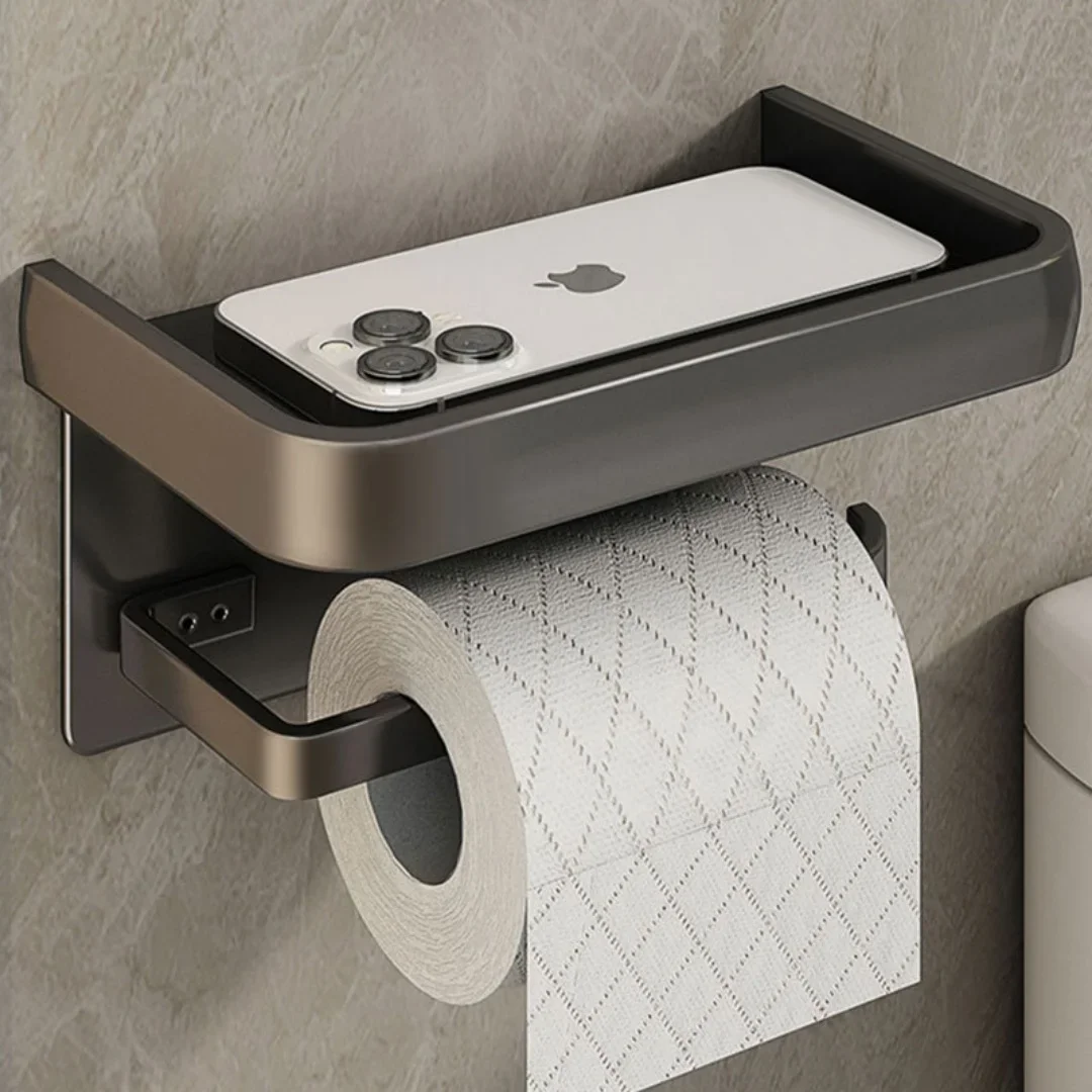 Black Toilet Paper Holder Grey Tissue Paper Holder Aluminum White Paper Roll Holder With Phone Storage Shelf