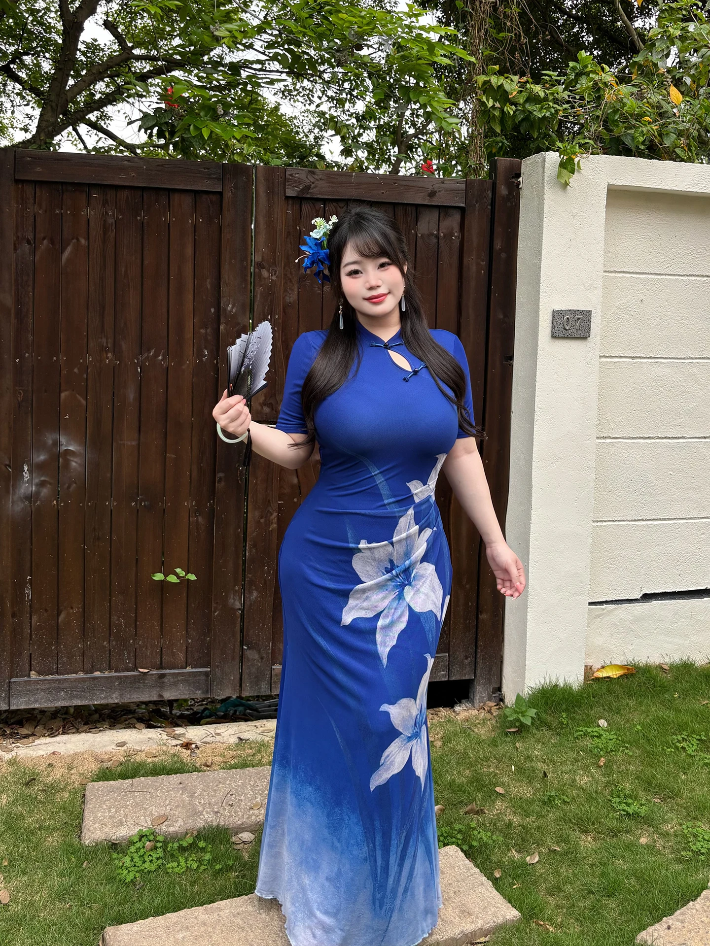 

Синее платье для похудения в элегантном китайском стиле, длинная юбка, дышащая эластичная ткань, удобное для путешествий, женское платье больших размеров.