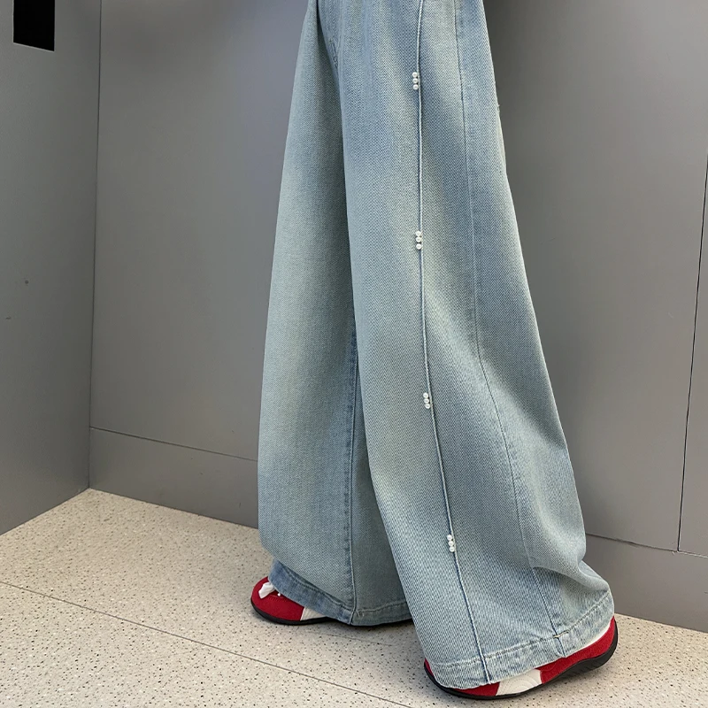 حار بيع الاطفال الخريف واسعة الساق الجينز مع اللؤلؤ لفتاة التوأم أزياء الشارع الأزرق الدنيم السراويل الأطفال جينز غير رسمي السراويل #4