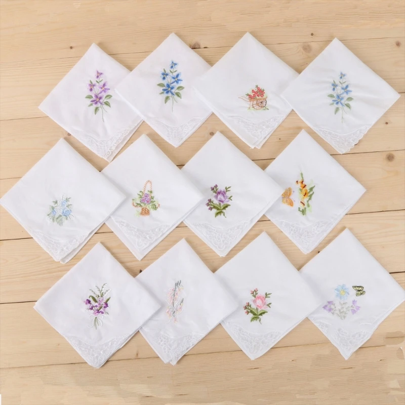 

28cm Cotton Soft Embroidered Square Towel Vintage Floral Style Lace Edging Handkerchief Flower Hanky for Women Girls