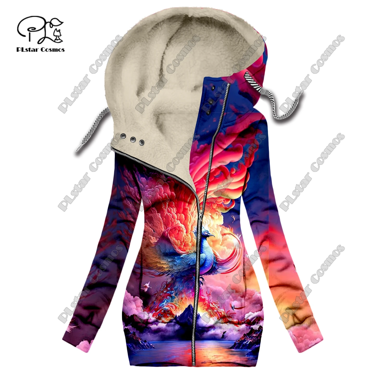 

New 3D printing retro series floral and animal patterns plus velvet and warm women's long zipper sweatshirt casual winter L-13