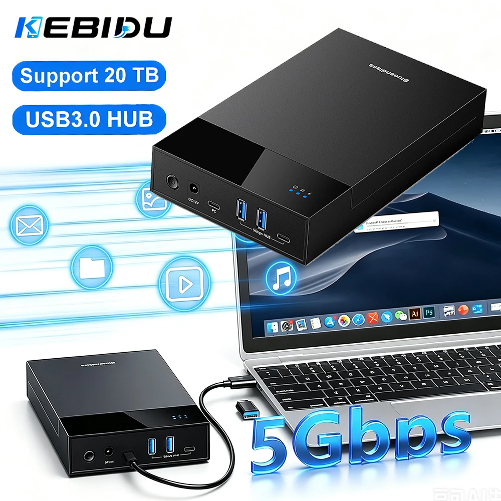 KEBIDU M.2 NVMe SATA Dual Bay Docking Station One Key Offline Clone SSD Duplicator USB3.2 Gen2 External SSD Enclosure