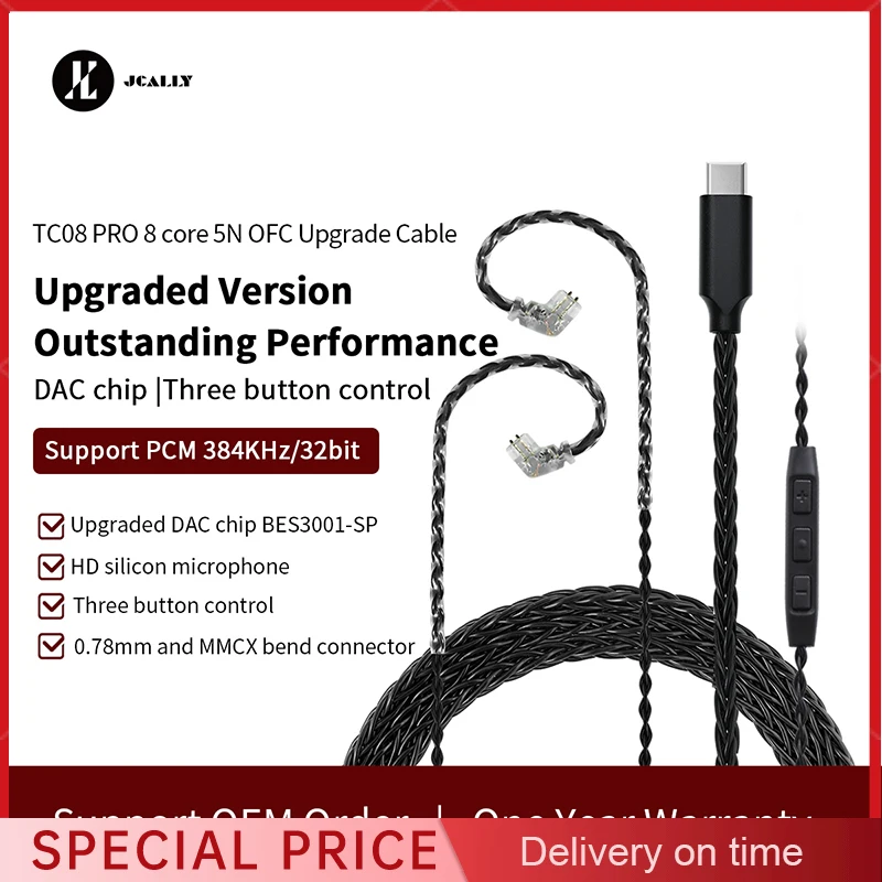 JCALLY Black TC08 PRO Silver Plated TYPE-C Earphone Upgrade Cable With MIC MMCX 2Pin 0.75/0.78 QDC for KZ KBEAR TRN 7HZ TFZ