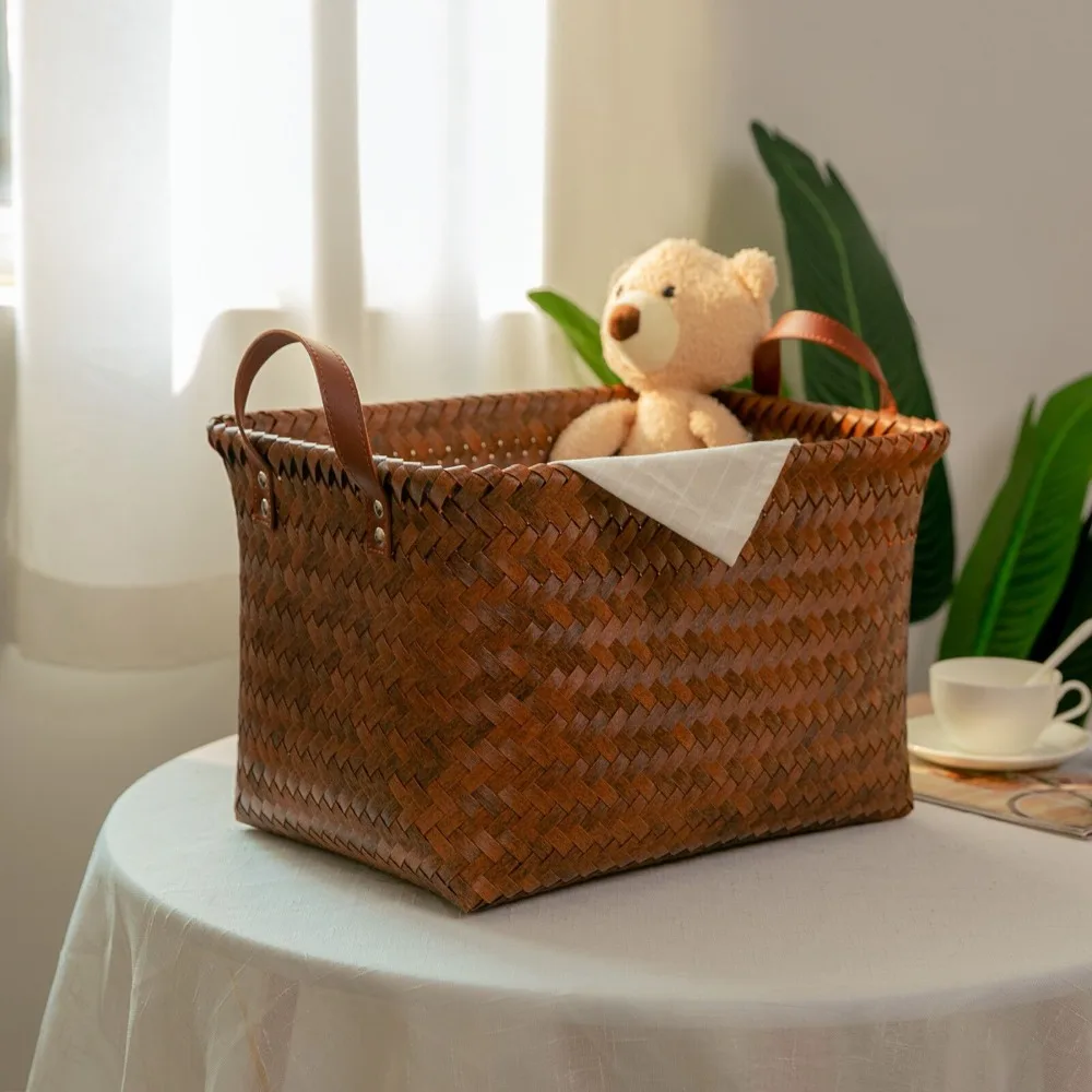 

New PP Dirty Clothes Basket Portable Imitation Rattan Weaving Picnic Basket 38cm Brown Home Storage Laundry