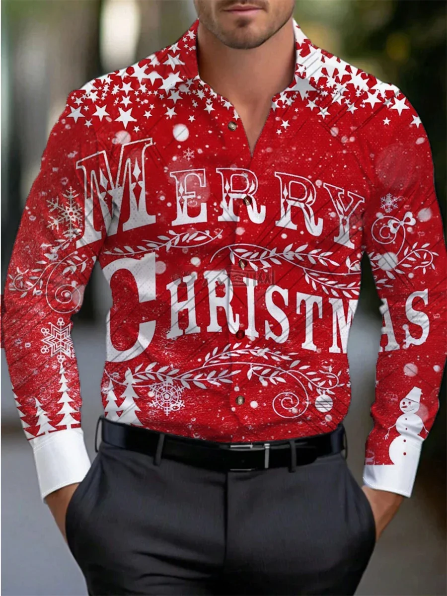 2025 New Year Men's Long Sleeve Shirt Personalized Christmas Pattern Printing Fashion Casual Men's Holiday Tops