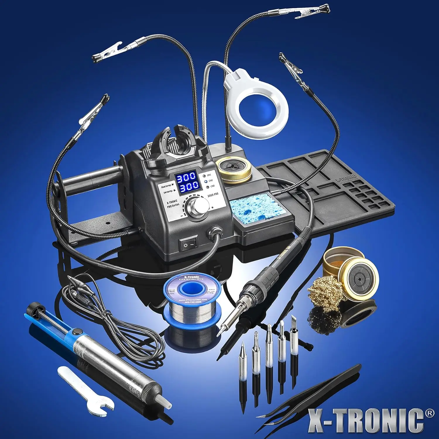 ronic 3060-Pro • 75W Soldering Iron Station Kit • 5 Extra Tips • Mini Mag Lamp • 4 Helping Hands • Solder Sucker • Tweezers