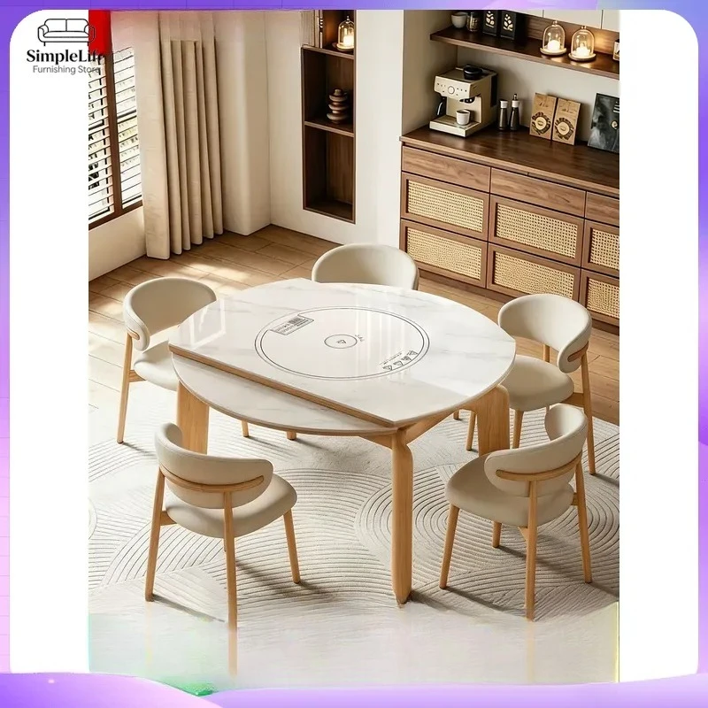 2026 New Rock Slab Dining Table Set Variable Round Extendable Solid Wood Multifunctional Warming Board Small Apartment