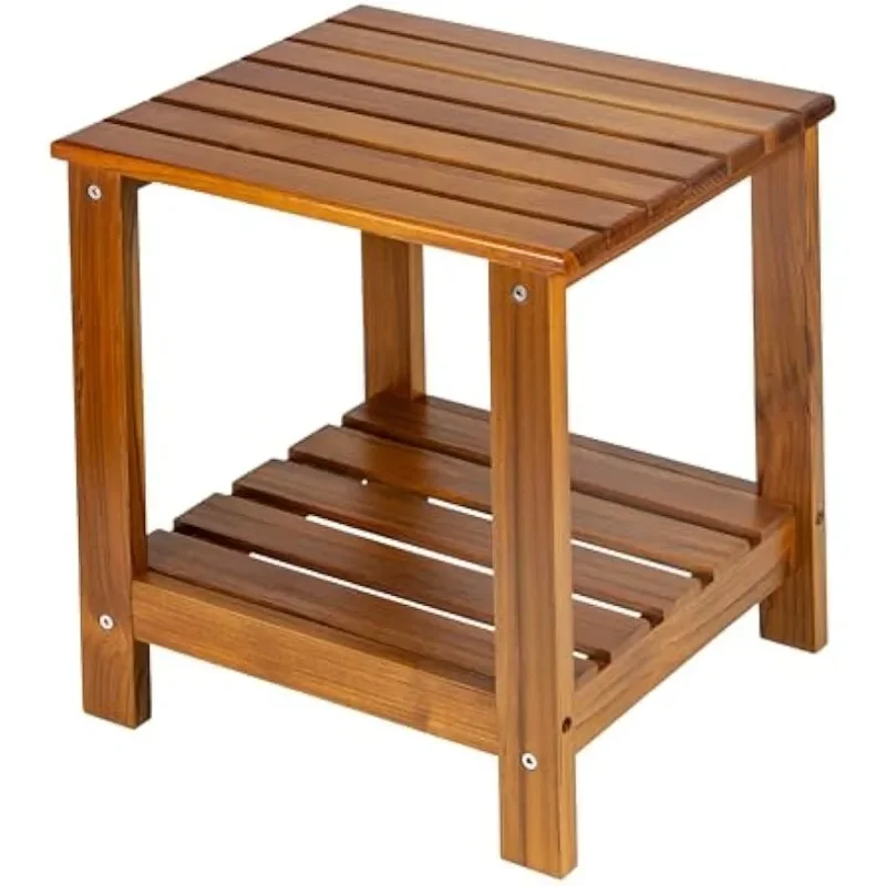 

Teak Side Table Outdoor, Patio End Table Double Layer, Wooden Coffee Accent Tables for Backyard, Garden, Bed, Living Room, Couch
