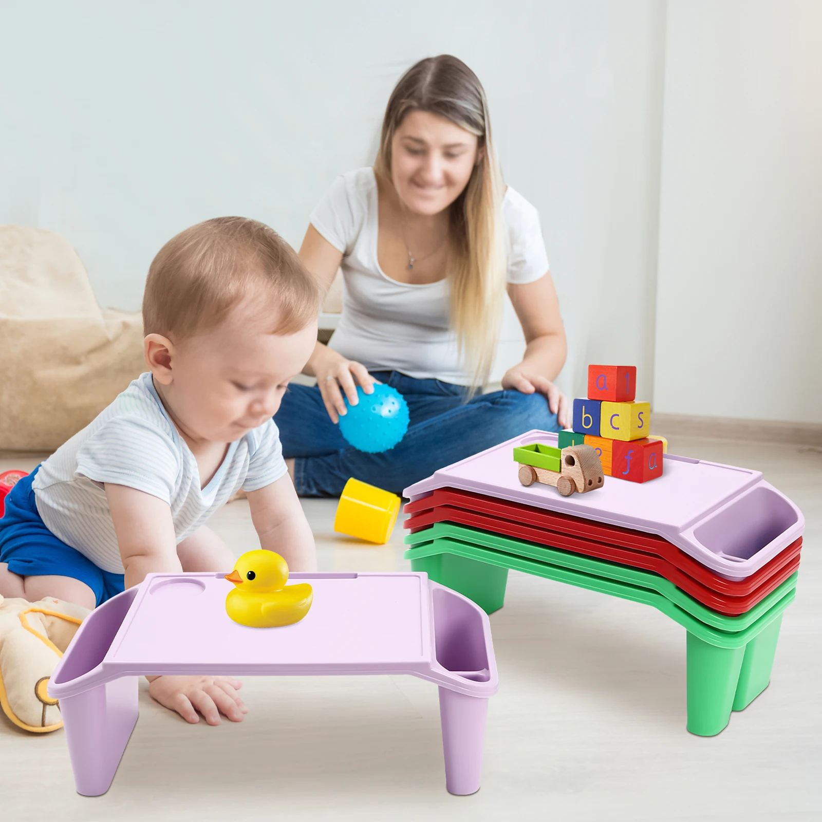 6Pcs Red Green and Purple Children's Laptop Table with Side Storage Multifunctional Movable Dining Table Used in Kindergartens