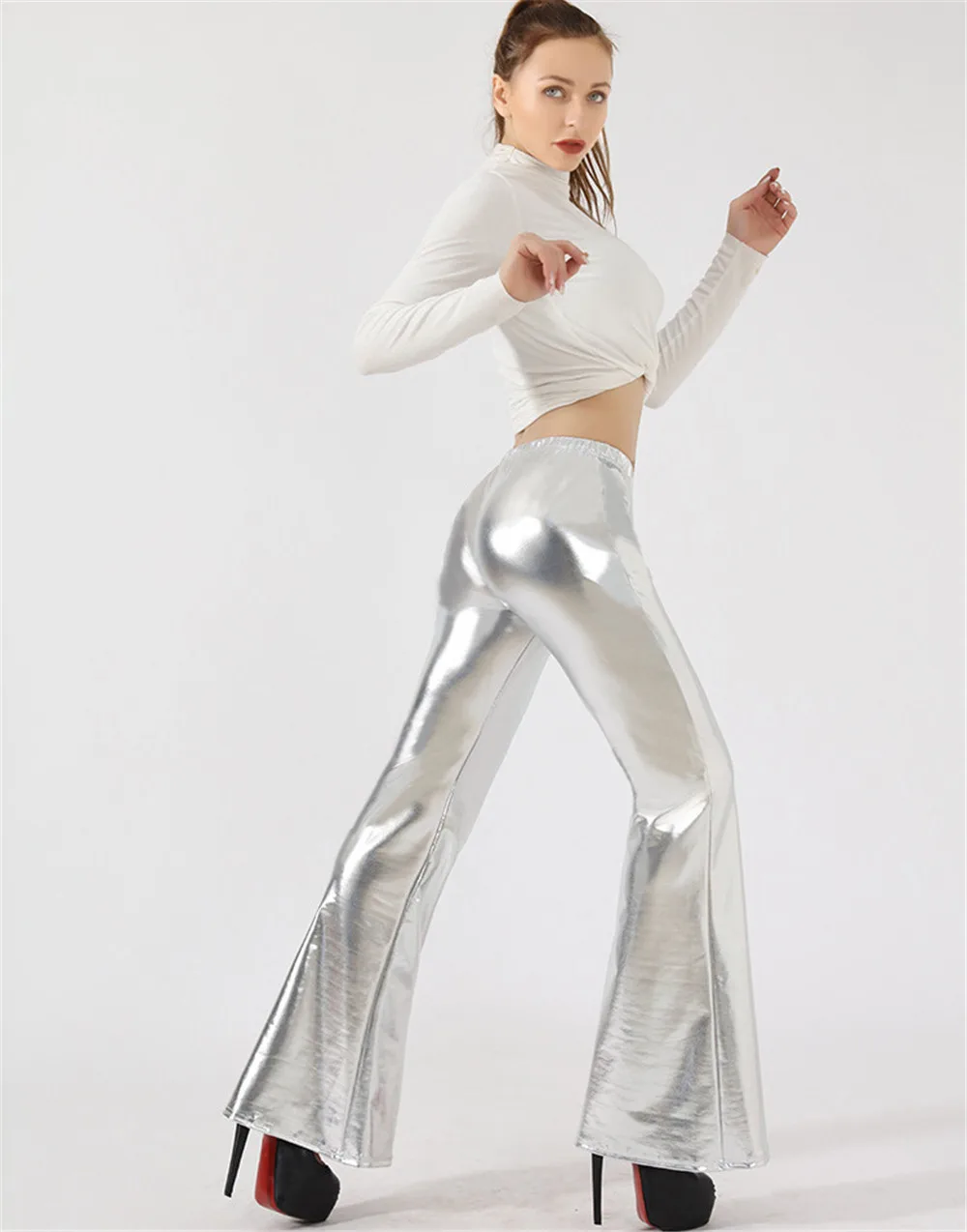 Women\'s Metallic Shinny Flared Pants Sequins High Waist Stretchy Bell Bottom Flare Pants Tall Girl Disco Wide Leg