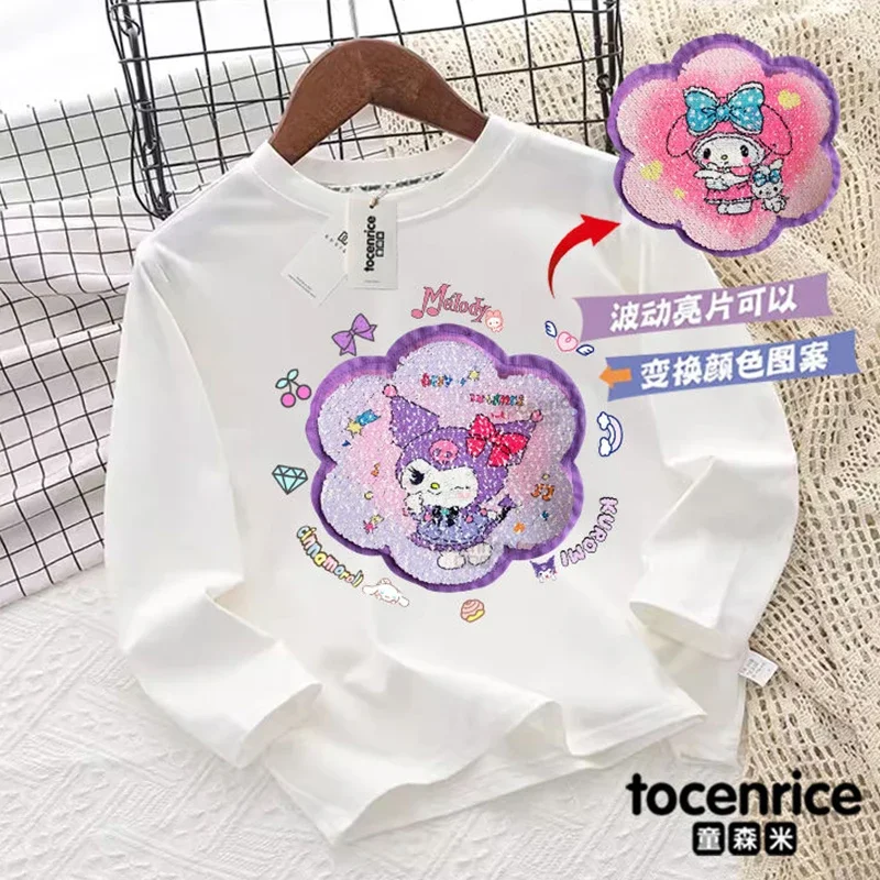 

Sanrio Kuromi Sequin Girls Long Sleeve T-Shirt Girl Heart My Melody Change Face Autumn Thin Top Cartoon Undershirt Tide Kid Gift