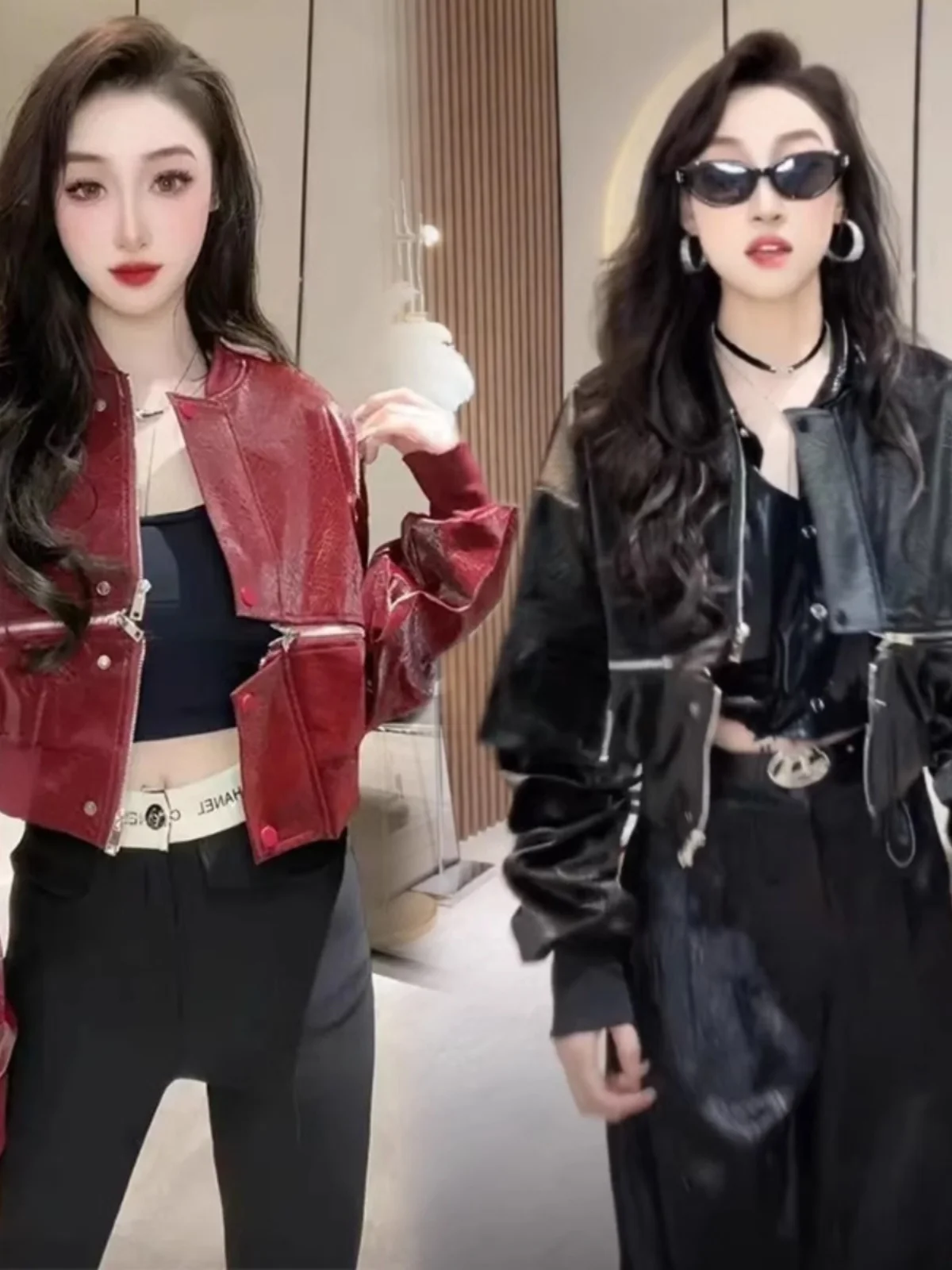 Giacca da Donna in Pelle Verniciata Rosso Vino Vintage con Cerniera Orizzontale, Nuova Collezione Primavera, Stile Baseball, Vestibilità Comoda per il Pendolarismo