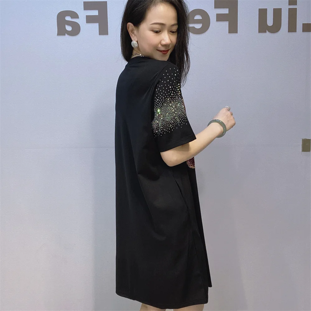 فستان أنيق بأحجار الراين اللامعة ملابس نسائية صيفية بلوفرات فضفاضة على شكل دب كرتوني بأكمام قصيرة بطول الركبة فساتين سوداء