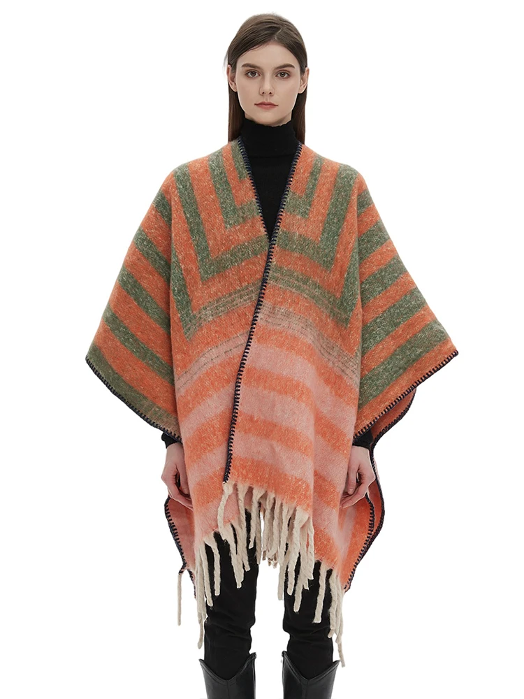 

Зимний шарф женский женский многослойный пончо элегантный полосатый шарф с кисточками шаль повседневный теплый шарф Capa Para Mujer плащ из пашмины новый